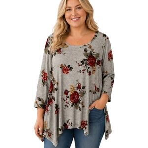 Green Envelope Asymmetrical Tunic Top Womens Size 2X Gray Floral Bateau Neck